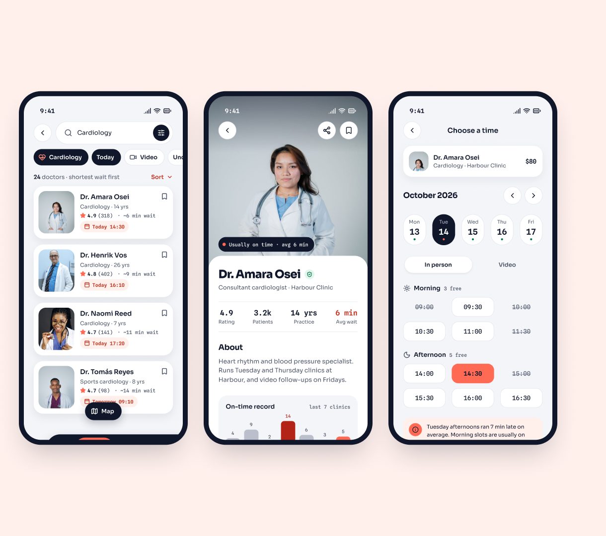 Search results, a doctor profile with an on-time chart and the time slot picker