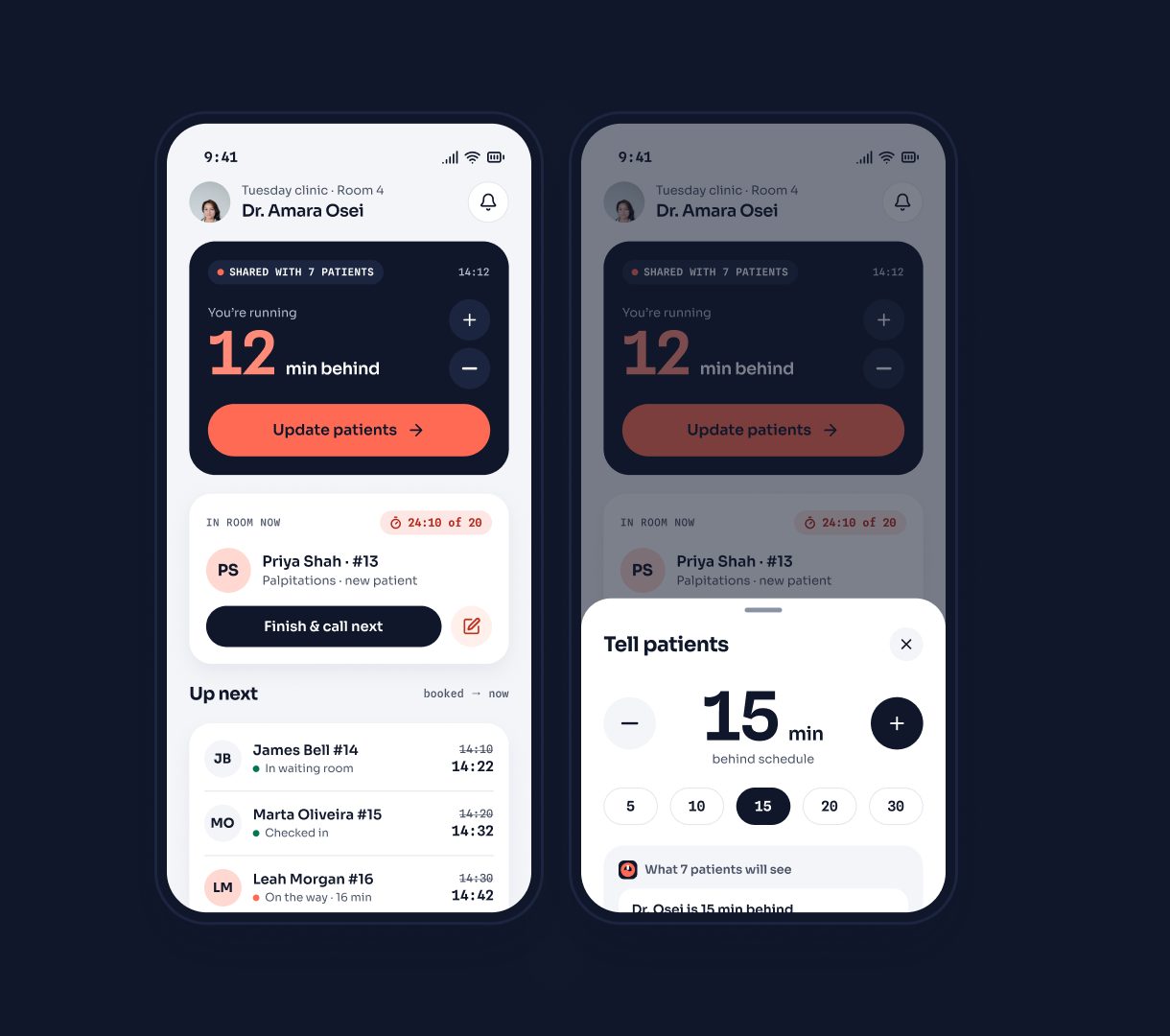Doctor app: today’s queue and the send delay sheet