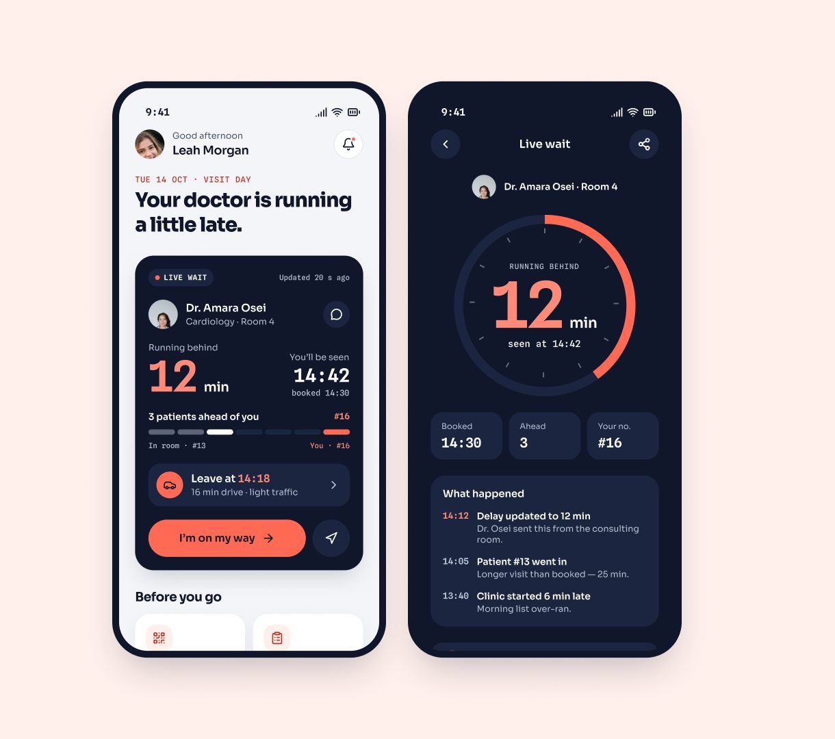 Home screen with the live wait card and the live wait detail with a delay dial