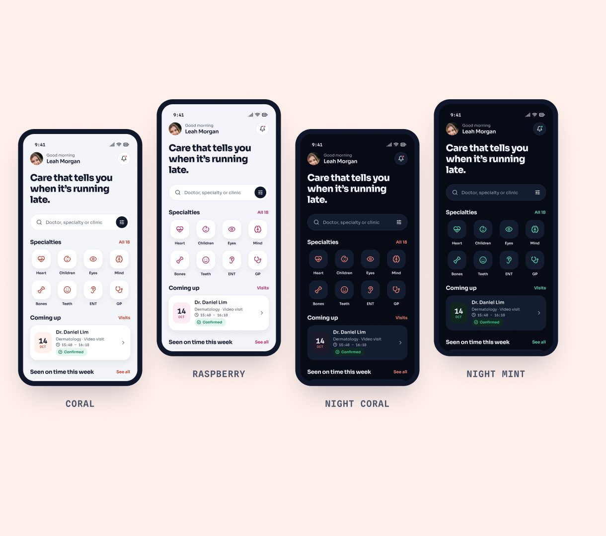 The home screen in four colour modes